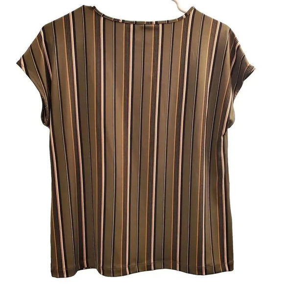 Liz Claiborne Blouse Womens PS Olive Green Striped Keyhole Vneck Petite Small - Picture 2 of 4